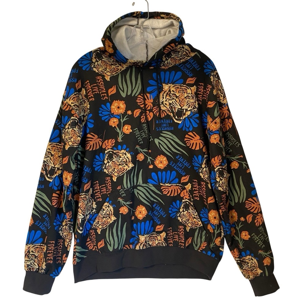 As*holes Live Forever Hoodie Men M  Multicolor Tiger Graphic Fleece Sweatshirt